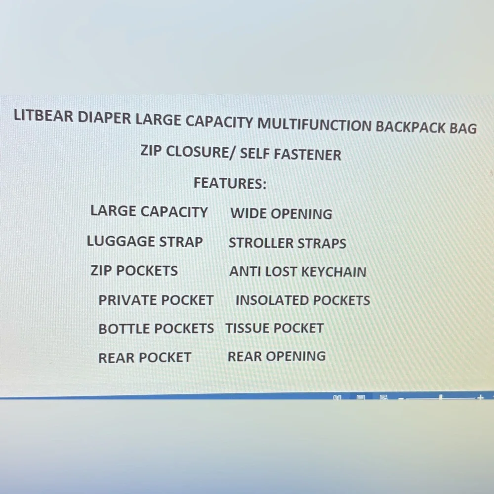 LITBEAR LARGE CAPACITY MULTIFUNCTION DIAPER BACKPACK BAG NO CHANGING PAD